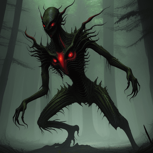 AI generated: Full body photo of a scary alien creature that looks like a ship from a forest, green deadly red eye...