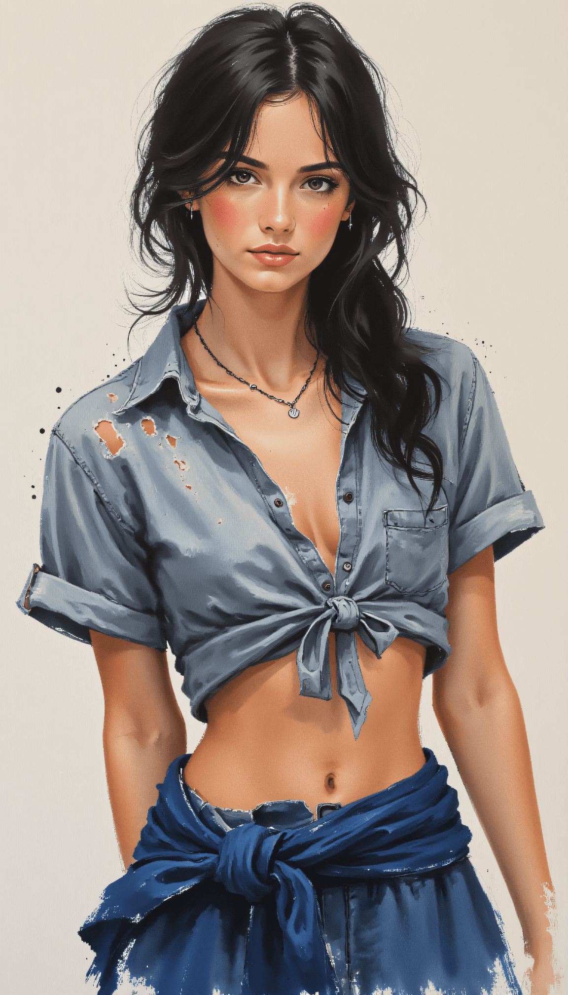 AI generated: Neo-expressionist artwork with chaotic brushwork of a strong woman, wearing a torn vintage band shir...