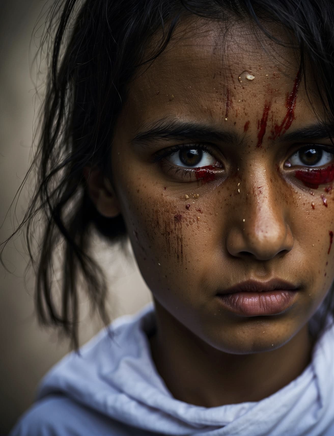 AI generated: "Produce an artistic representation of a waar victim, their eyes filled with fear and despair. The s...