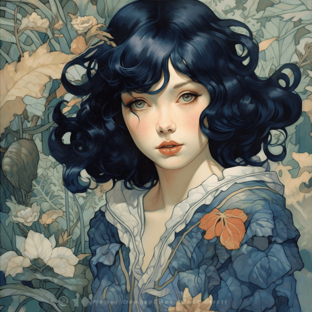 AI generated: art nouveau :young women :blue eyes :black hair :highly detailed --q 1 --s 250 --v 5.1