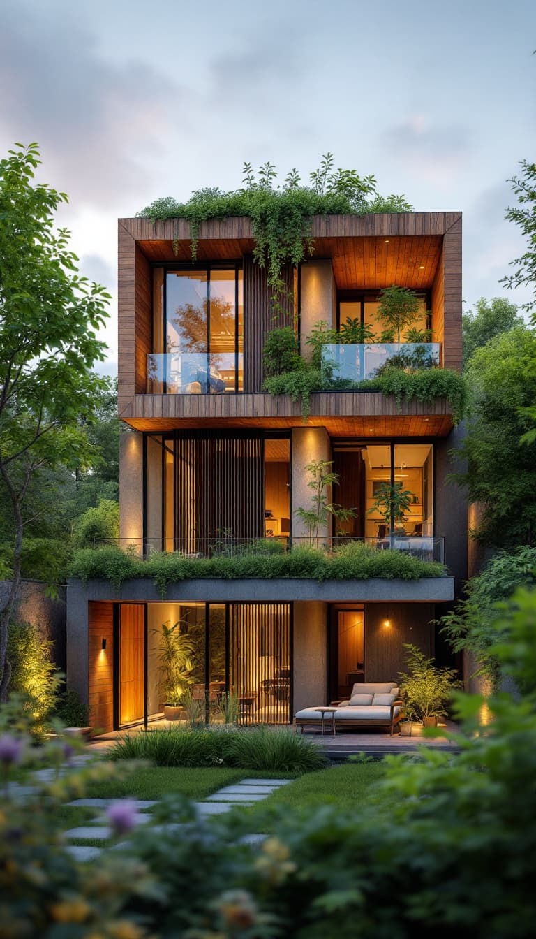 AI generated: Eco-friendly building, reclaimed wood accents, bamboo flooring, low-carbon concrete, green roofs, li...