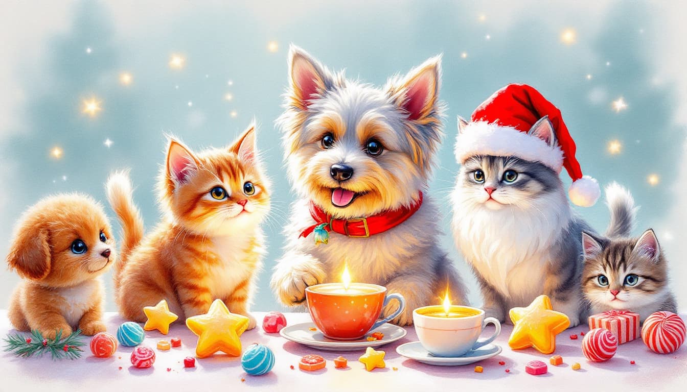 AI generated: xmas party tea party with dog,  A playful colored pencil drawing A cute, chewy, cats and dogs that l...