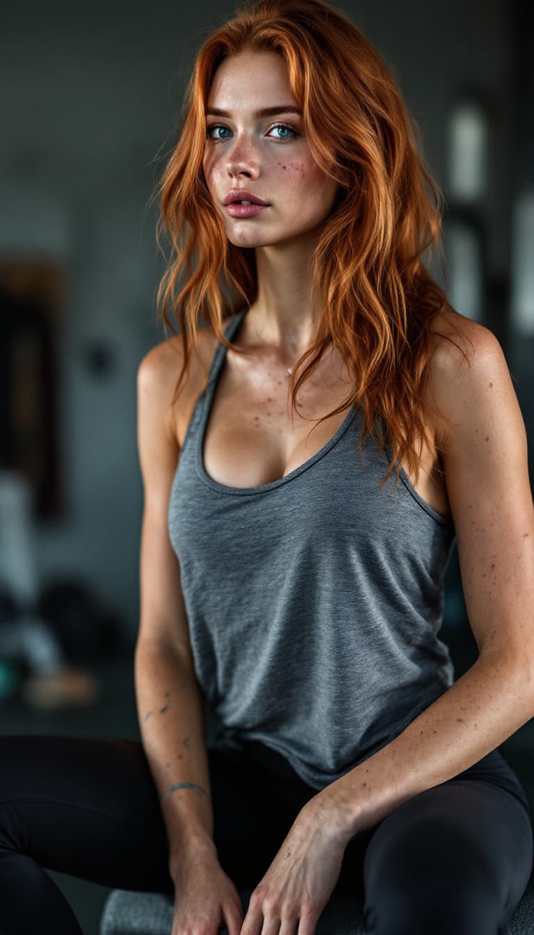 AI generated: a beautiful 27 year old long haired ginger girl with blue eyes, warming up for her gym session with ...