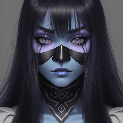 AI generated: A woman with blue skin, black facemask, long black hair, purple iris, black eyebrows, bangs, long ey...