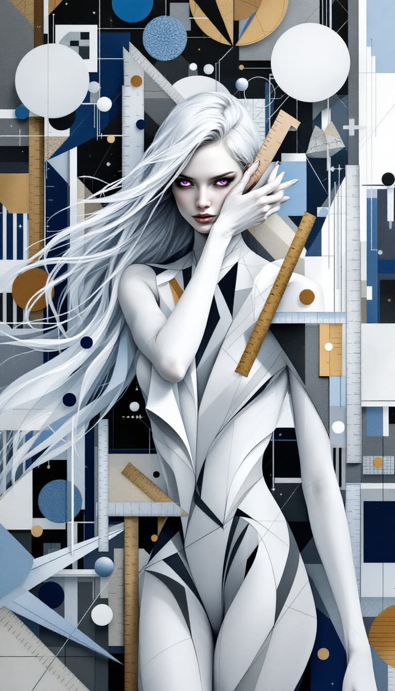 AI generated: "Silvered Geometrist in a Labyrinth of Patterns": A captivating abstract painting features a geometr...