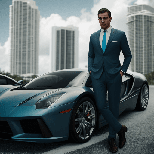 AI generated: A man in a cool suit taking photos with his car, ultra realistic , portre , 4k , colored ,miami, sim...