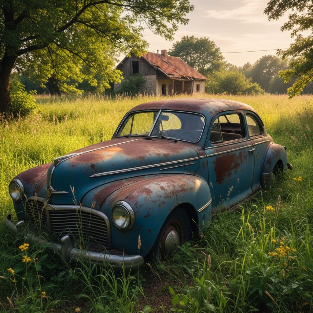AI generated: A vintage, rusted blue car, positioned prominently in an overgrown grassy area, evokes a sense of no...