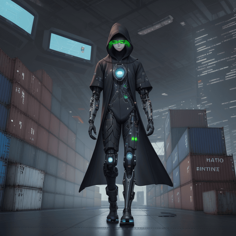 AI generated: distant shot of nerdy 25 year old male cyborg hacker walking away from the camera and is wearing fut...