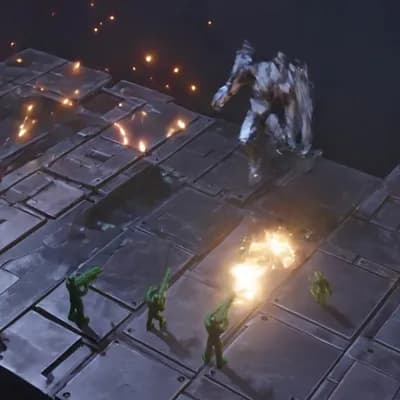 AI generated video: 15-second cinematic action-comedy sequence, blending isometric video game aesthetics with photoreali...