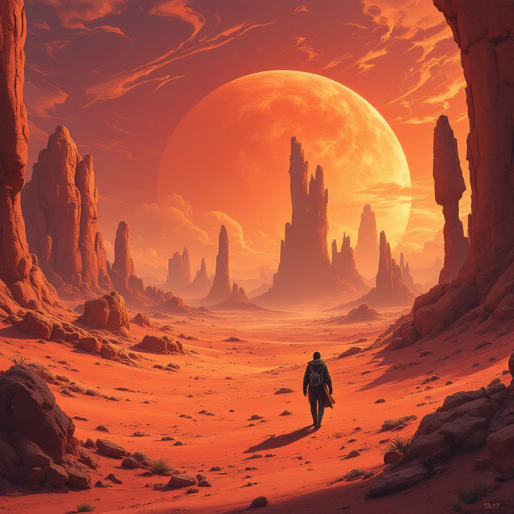 AI generated: A man in the foreground, walking on an alien planet with strange rock formations and a red desert la...