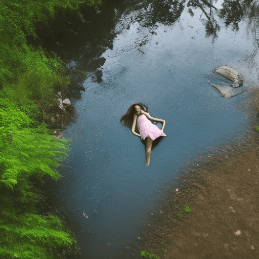 AI generated: above shot, girl sleep in water river, her body Sink into the water, There is only the face above th...