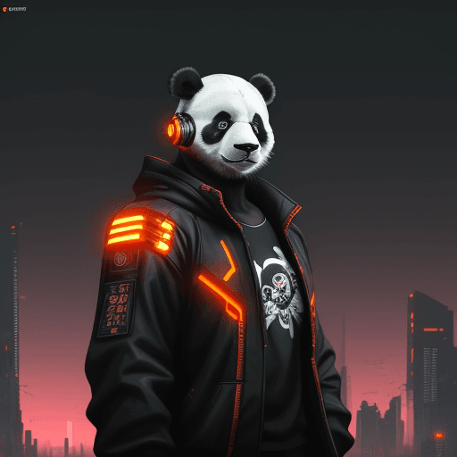 AI generated: real panda with headphones in the style of cyborg, cyberpunk landscape with an orange and black colo...