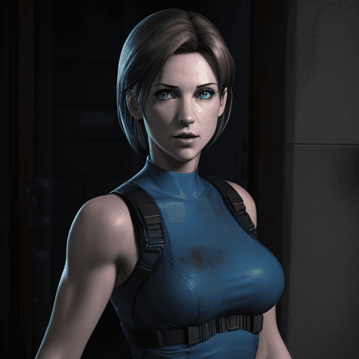 AI generated: Hyper realistic eye level exterior photo of Jill valentine from resident evil 3 remake make her as r...