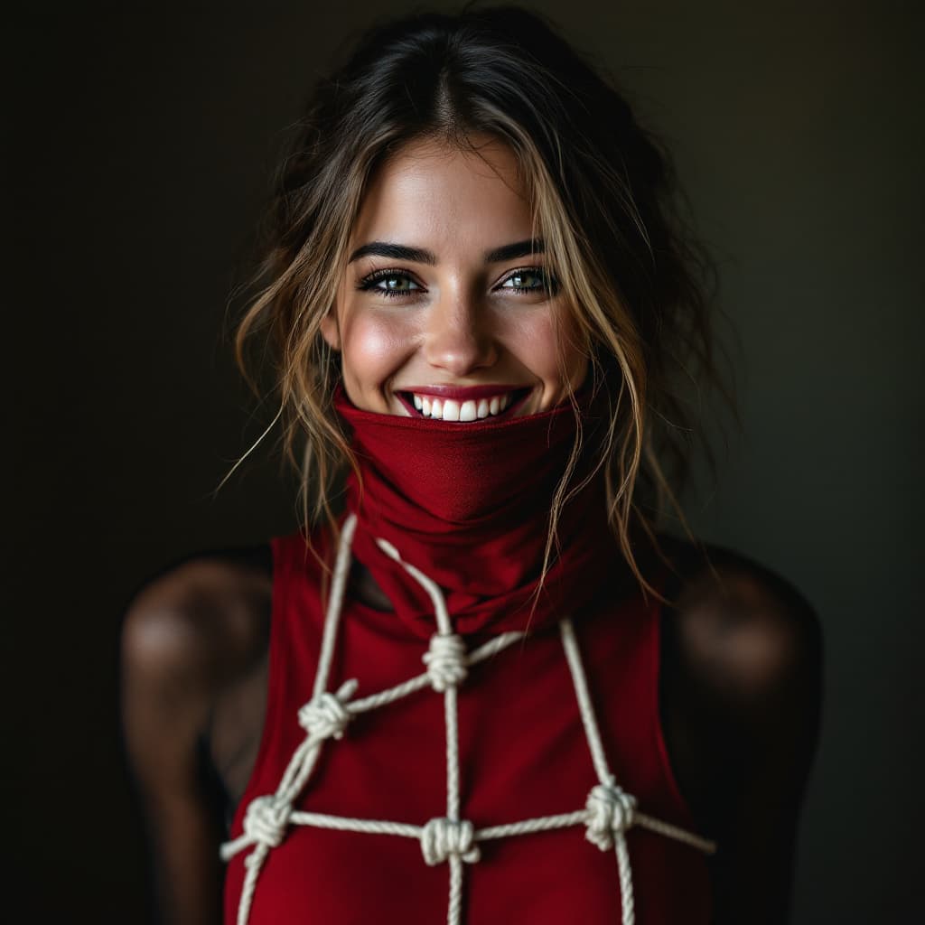 AI generated: a cute smiling woman tied up, white cotton thin rope,  her arms are tied behind her back, bound arms...