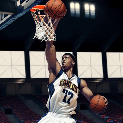 AI generated: In the dimly lit stadium, capture a hyper realistic basketball highlight featuring an explosive slam...