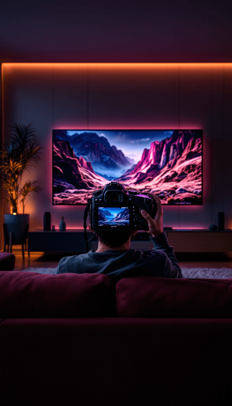 AI generated: photography, camera face to large led tv behind burgundy couch, watching TV in a modern living room....