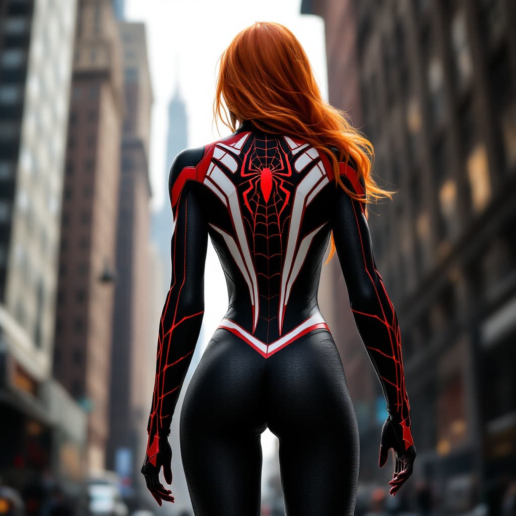 AI generated: The image depicts a woman from behind, standing on a city street. The woman has long, flowing orange...
