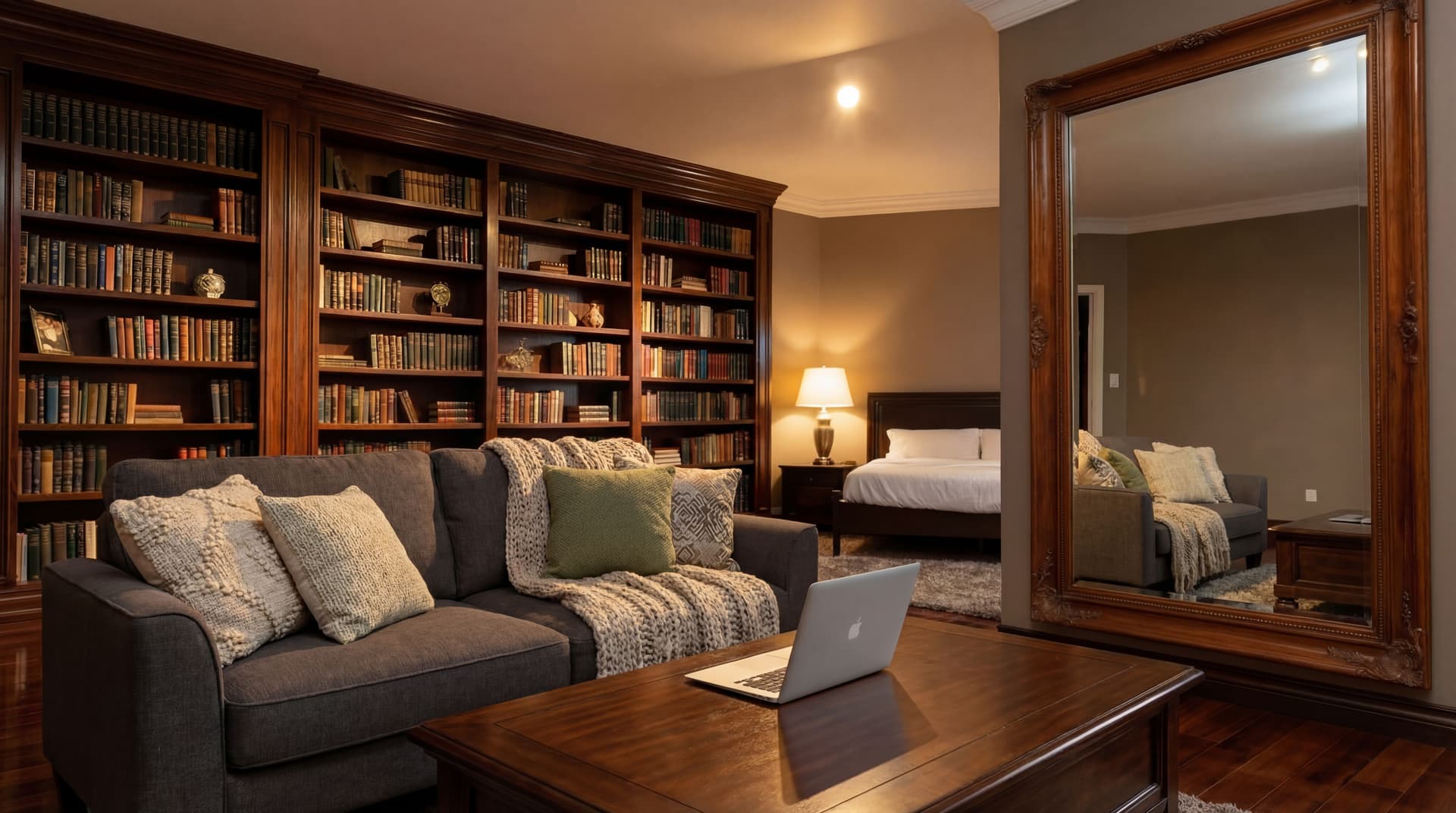 AI generated: Add a cozy couch with pillows and a throw, a dark wood coffee table and a laptop on the coffee table...