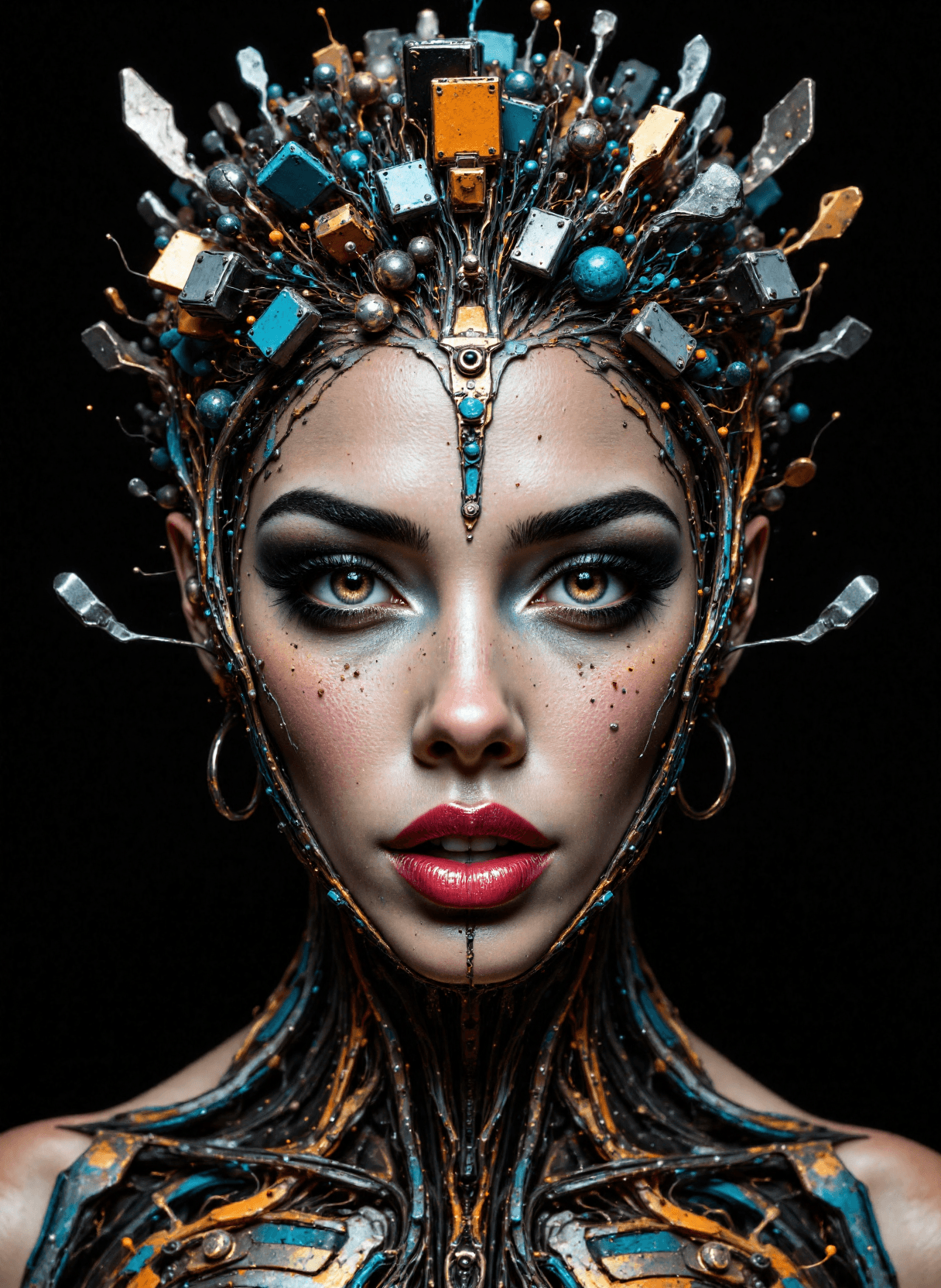 AI generated: The image is an intricate digital artwork depicting a woman's face that appears to be part of a larg...