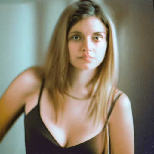 AI generated: analog color film photograph of a sultry 29 year old busty woman leaning forward, head tilted forwar...