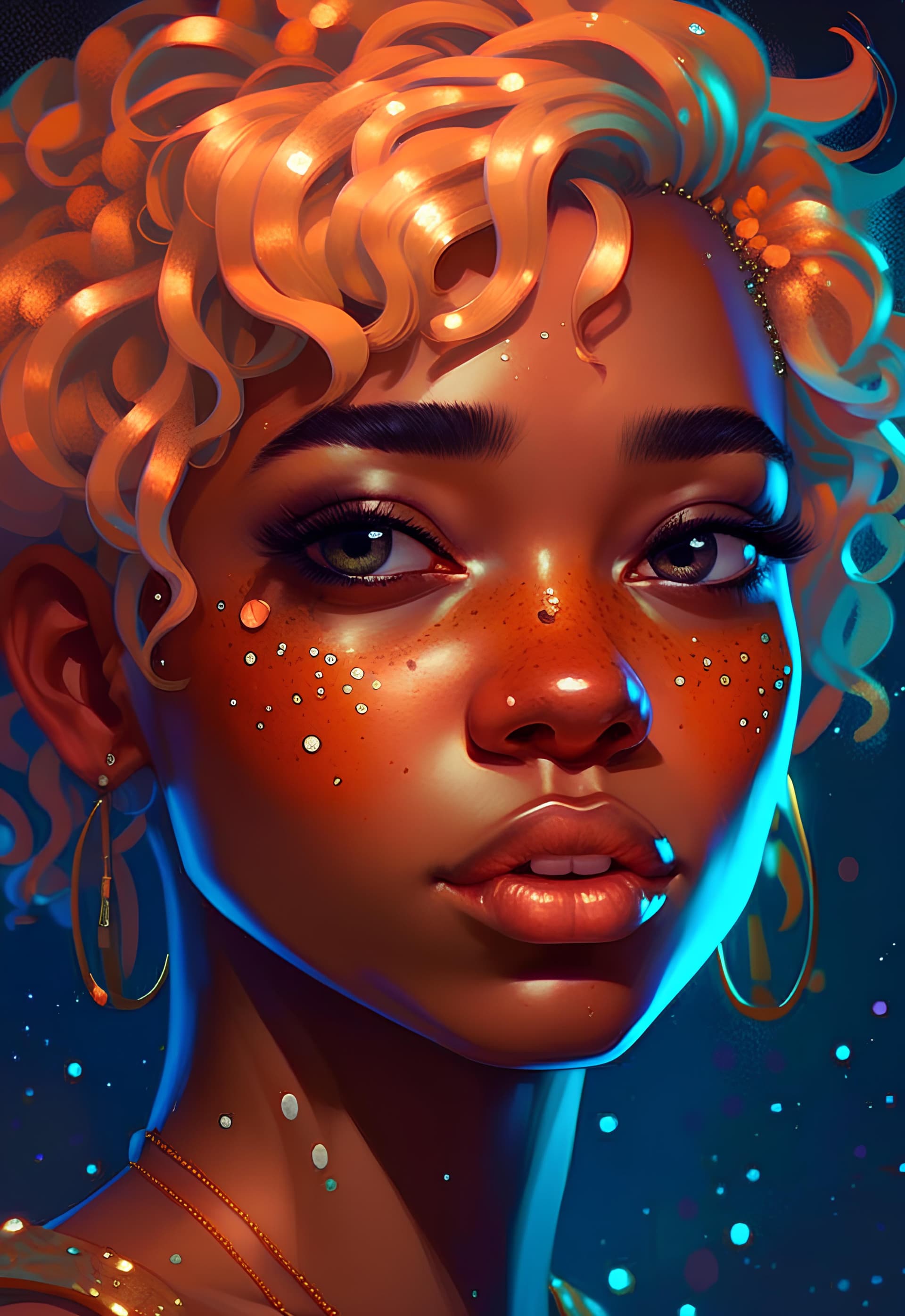 AI generated: a drawing of a woman with freckles on her face, inspired by loish, afrofuturism, a girl with blonde ...