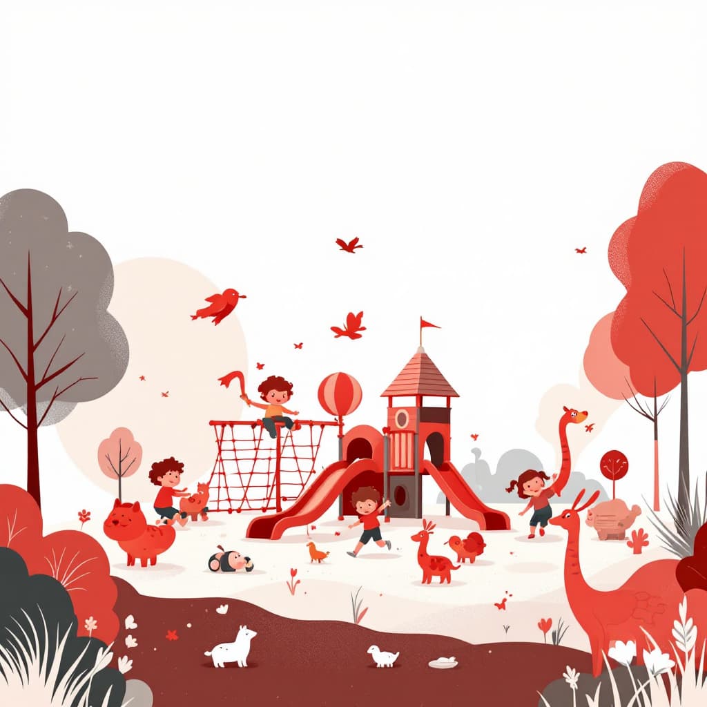 AI generated:  flyer 
Children's play area
Monochrome red and white 
Simple and minimalist, UHD, 12K
