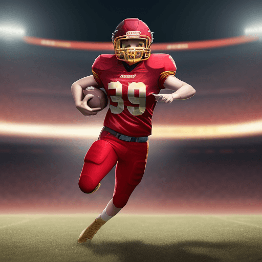 AI generated: In this fantastic scene a full body  Taylor swift American Footballer Toddler is wearing red and gol...