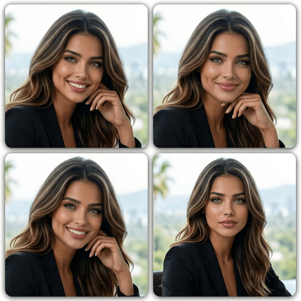 AI generated: 4 exactcly consistant tiny variations of facial expressions and head position typical of a video con...