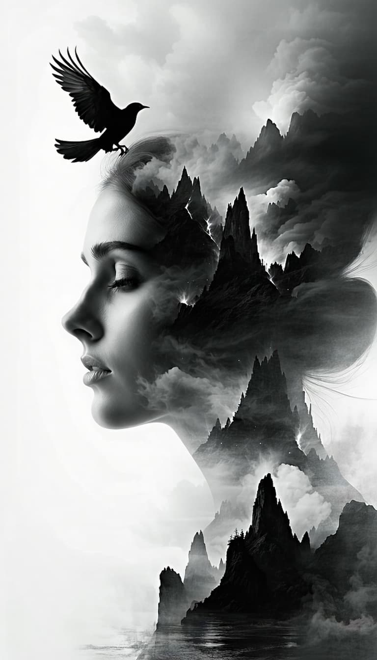 AI generated: Double exposure black and white photography of a woman’s face, solemn and ethereal, eyes half-closed...