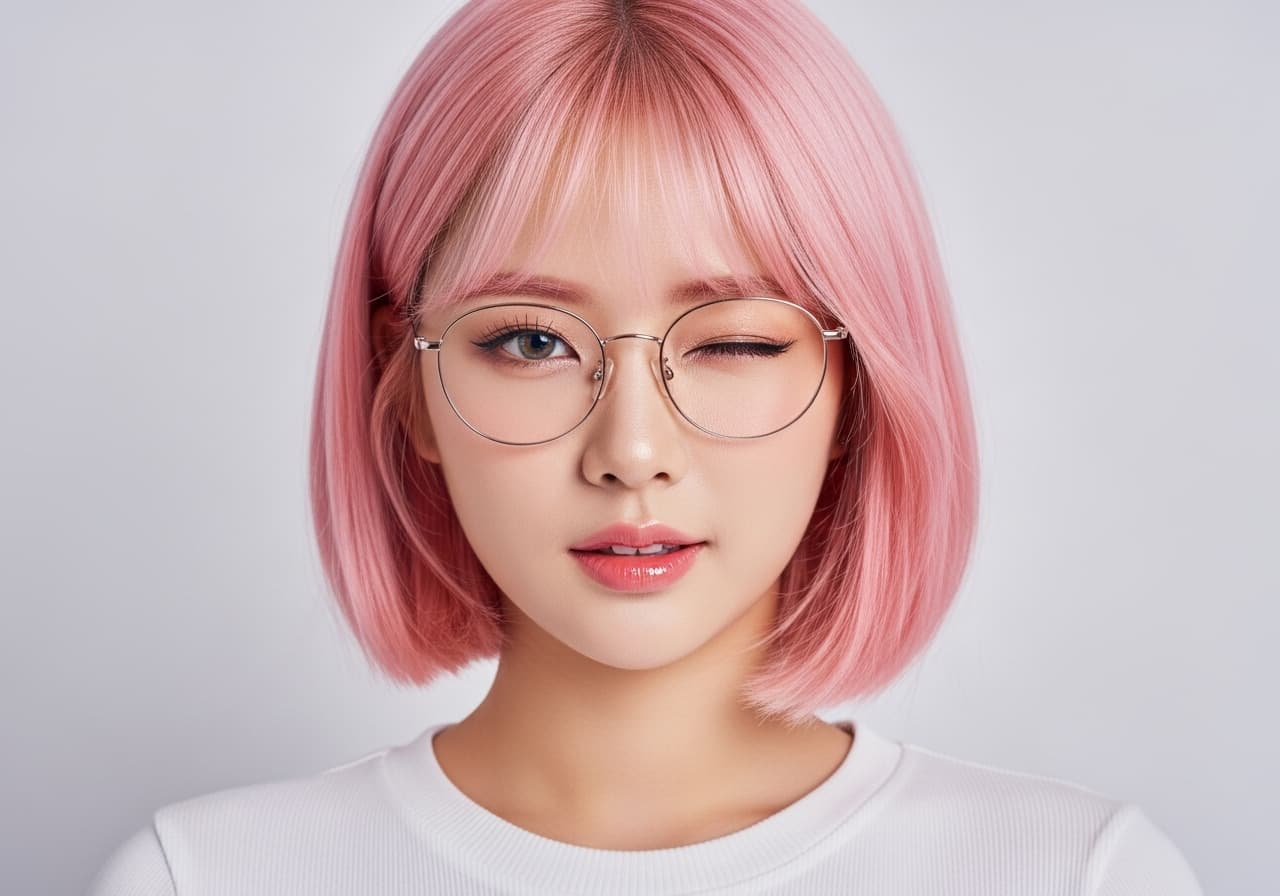 AI generated: front view, korean girl, 18~22yo,  instagram style portrate, cute pink short bob hair, sweety Face, ...