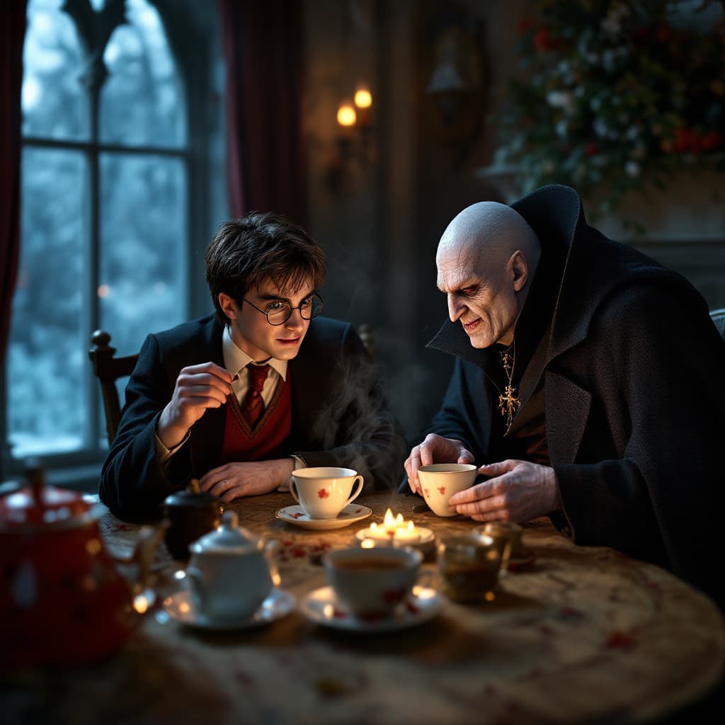AI generated: Harry Potter and Voldemort having a tea party ((Hyperrealistic :3.3)) 1. *Magical Moments Brewing: A...