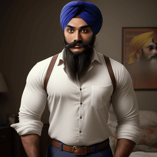 AI generated: Sikh man with short beard, mustache, muscular, standing, wearing a stetson, perfect eyes, revealing ...