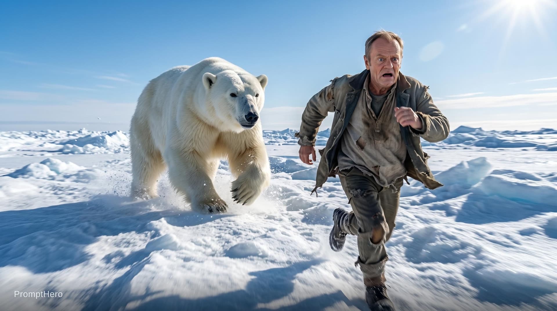 AI generated: The person in the photo is running away from a polar bear. The scene is set on the Arctic ice. It's ...