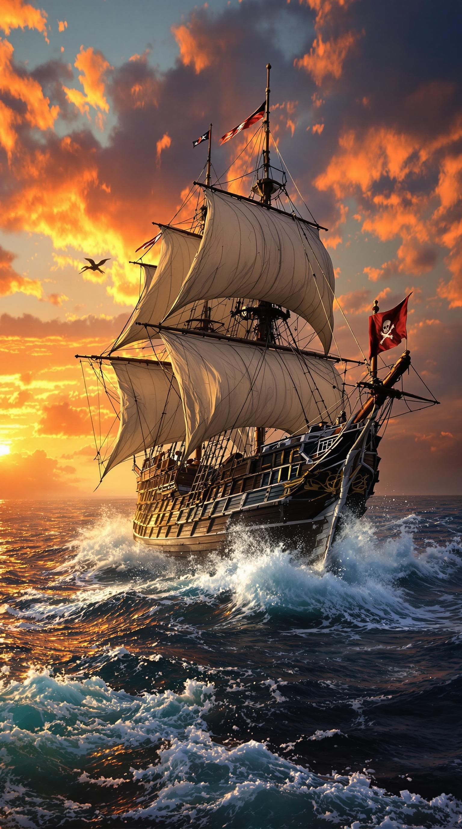 AI generated: A Photo Realistic Pirate Ship at sea: The salty wind whips through the rigging, and the creaking of ...