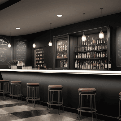 AI generated: Bar interior with strict forms. The bar counter is black, the floor is light gray, milky. The bar li...