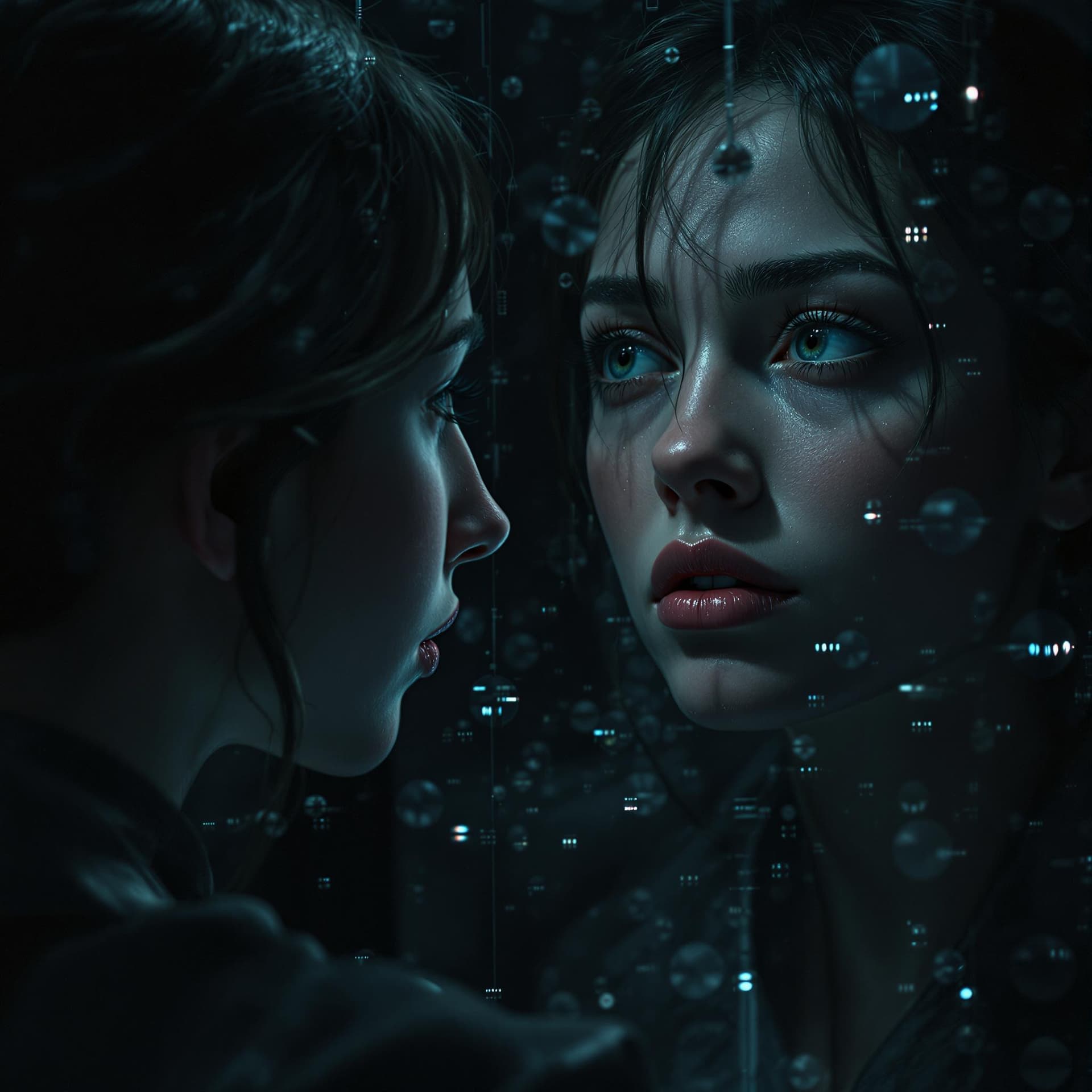 AI generated: A sad woman looks at mirror.  Theres many endless reflections.  Dark light . Sad mode . Hyperrealist...