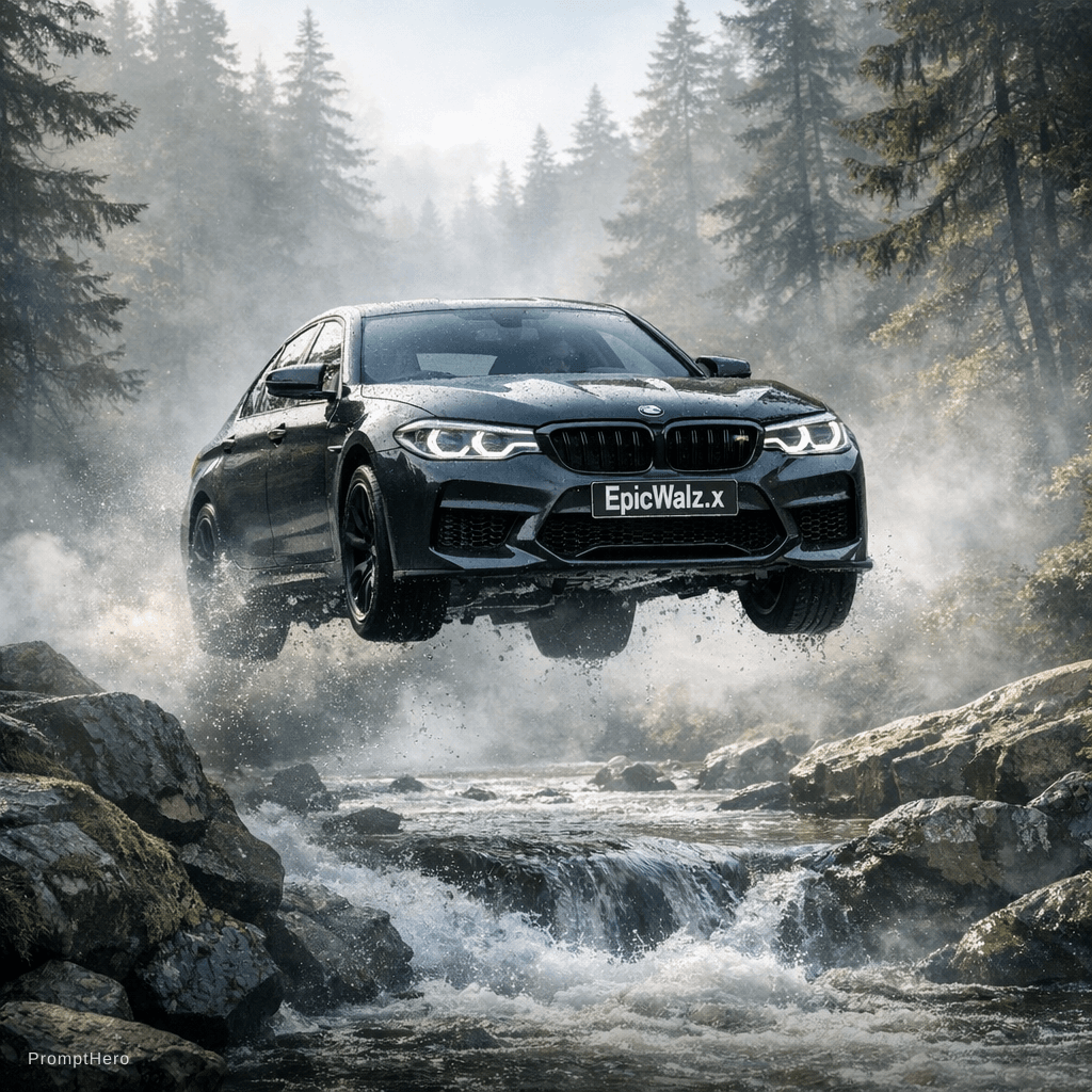 AI generated: CREATE A BMW M5 CAR IS IN FOREST IN FRONT OF RIVER AND BMW M5 WAS JUMP  THE RIVER TO CROSS WITH WHIT...