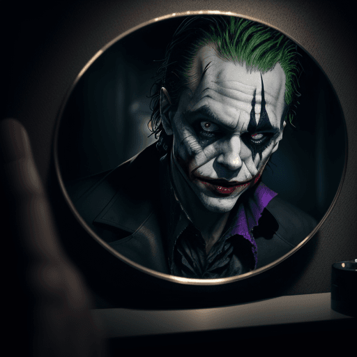 AI generated: The Joker, a villain from the Batman film series, looks at himself in a broken mirror, in the style ...