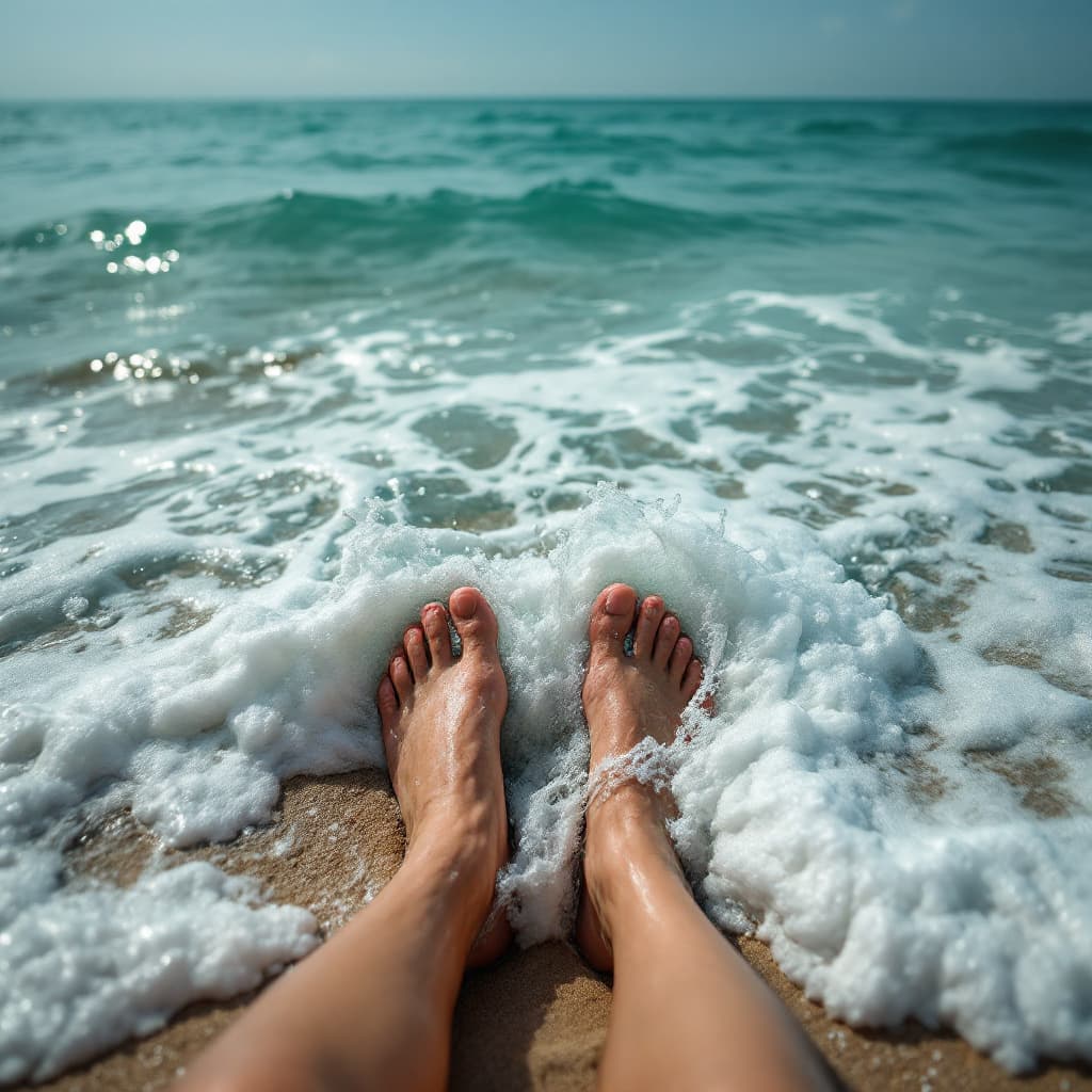 AI generated: photography, looking down at bare feet partially submerged by the frothy waves of the sea, the camer...