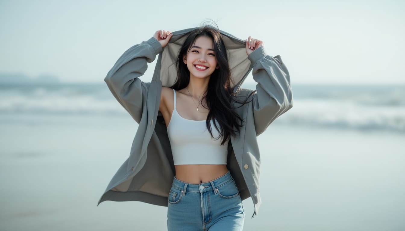 AI generated: Full body photo of Risa, a Japanese girl, wearing a Cropped waist tank top and short jeans, Make a S...