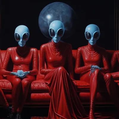 AI generated video: Aliens sit on a couch, they blink, a planet rotates left to right behind them, the camera moves in s...