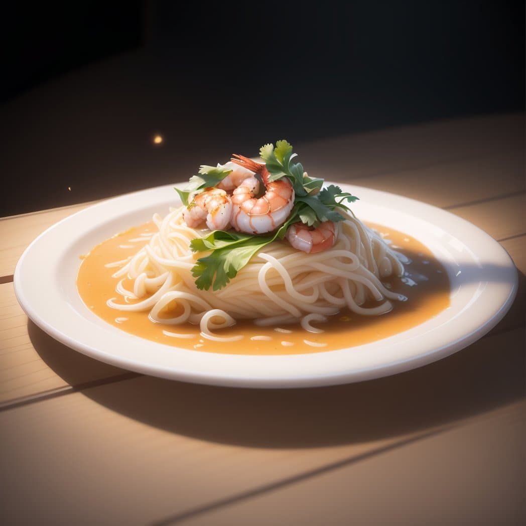 AI generated: masterpiece,high quality,best quality,noodles with shrimp,deep plate,chopsticks,foodphoto,<lora:food...
