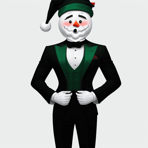 AI generated: Make a character with the head of a snow man and the body of a human. Dressed in a red, black, emera...