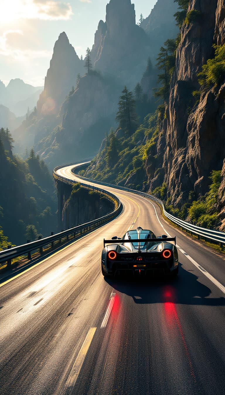 AI generated: Summer.  A racing car races along a race track.  After the bend the track goes to the right across t...