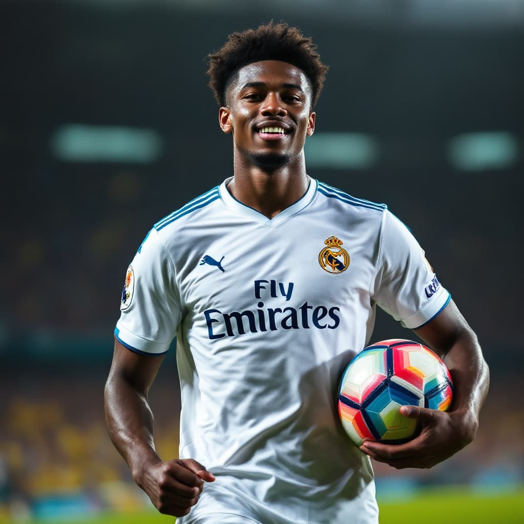 AI generated: A young professional football player with dark skin standing vibrantly in a football stadium in a li...