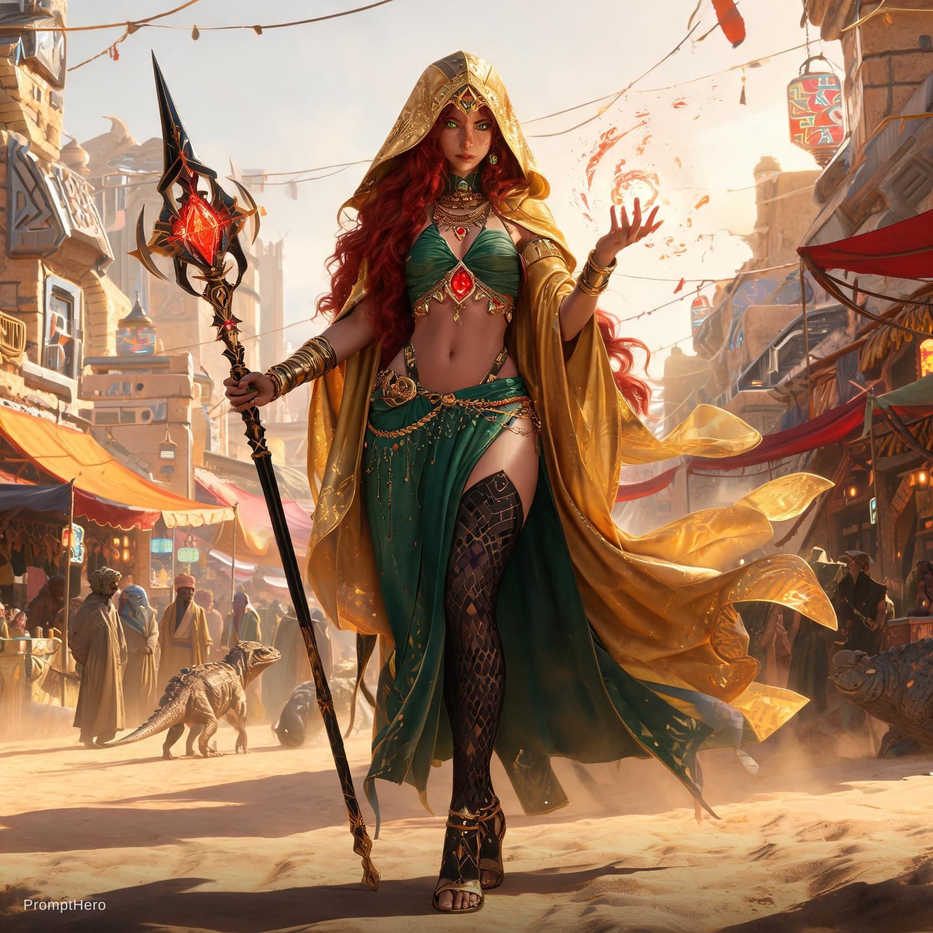 AI generated: Photorealistic full-body cinematic portrait of a desert mystic queen, powerful sorceress-priestess r...