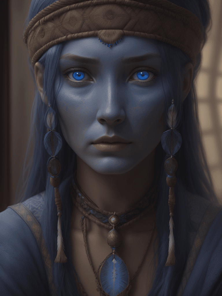 AI generated: A photograph of a blue-eyed woman looking at herself, in light indigo and dark amber style, realisti...