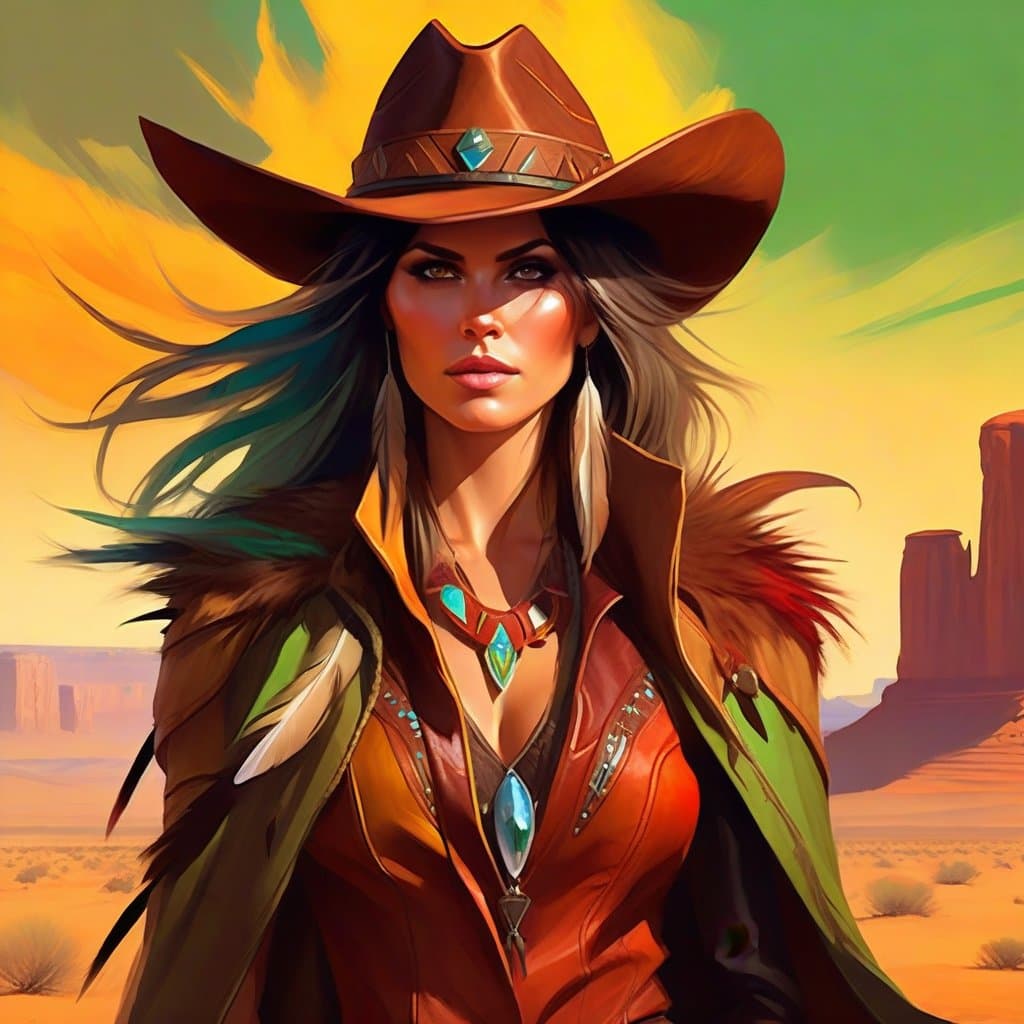 AI generated: A portrait of a western style poster of a stunning native female, slight cyan/green cast, desert lan...