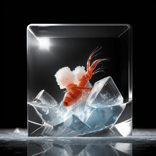 AI generated: Epic hyperrealistic photo of a dwarf shrimp inside a frozen ice cube, macro, fine details, film noir...