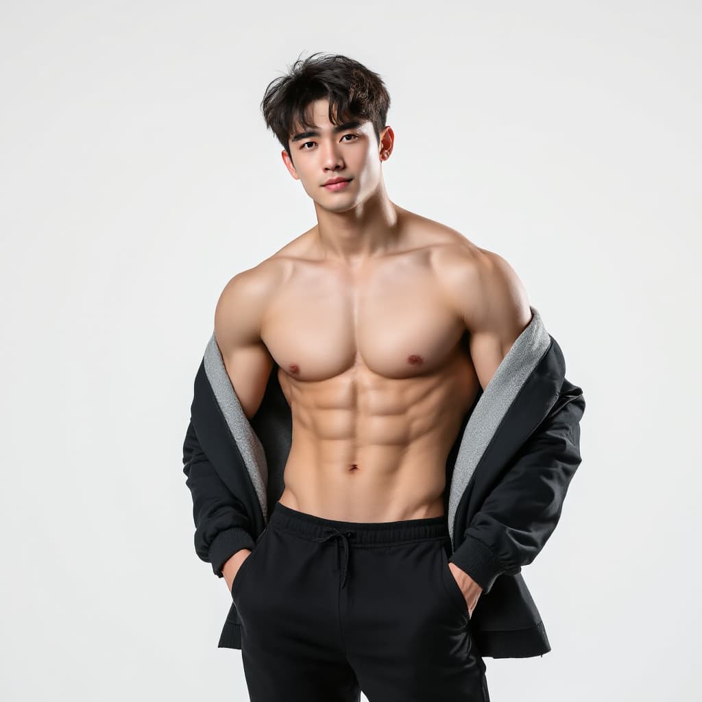AI generated: photo，3. 5mm，handsome chinese boy, 24years old，weater, white background, muscle，college boy，no cloth...